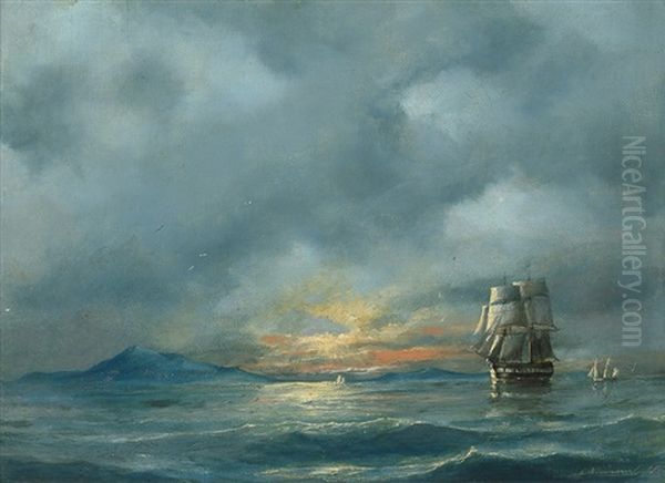 Segelschiffe Bei Sonnenaufgang Oil Painting by Carl Johann Neumann