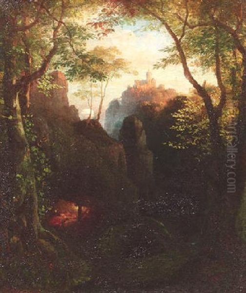 Romantische Waldlandschaft Mit Blick Auf Eine Burganlage Oil Painting by Eugen Neureuther