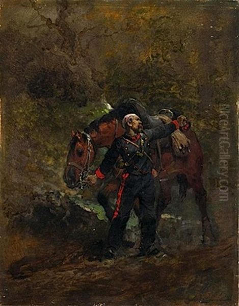 Scene De La Guerre, Artilleur A Cheval Blesse Oil Painting by Alphonse Marie de Neuville
