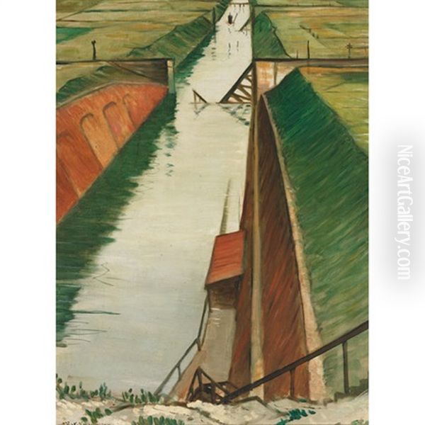 Canal And Fields Oil Painting by Christopher Richard Wynne Nevinson