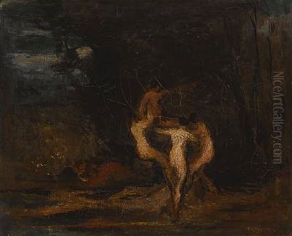 Three Nymphs And A Satyr Oil Painting by Robert Loftin Newman