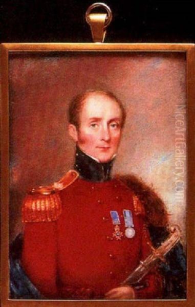 An Officer In Scarlet Coatee With Gold Epaulette, Dark Blue Collar, Crimson Waist-sash And Dark Blue Fur Trim Cape Oil Painting by William John (Sir) Newton