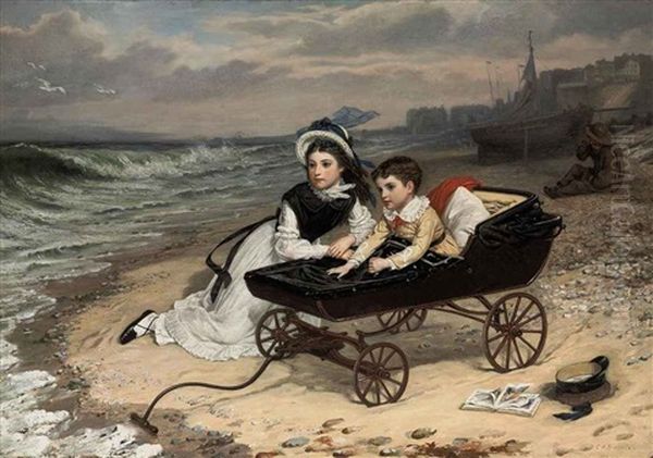 What Are The Wild Waves Saying? Florence And Paul Dombey (from Dombey & Son) Oil Painting by Charles Wynne Nicholls
