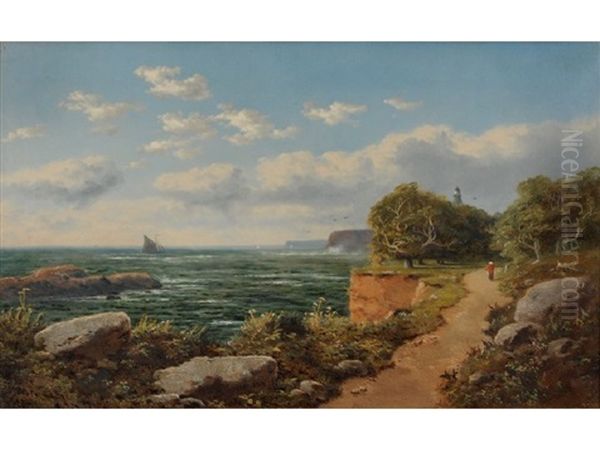 View Across A Bay, A Figure On A Path In The Foreground Oil Painting by Edmund John Niemann