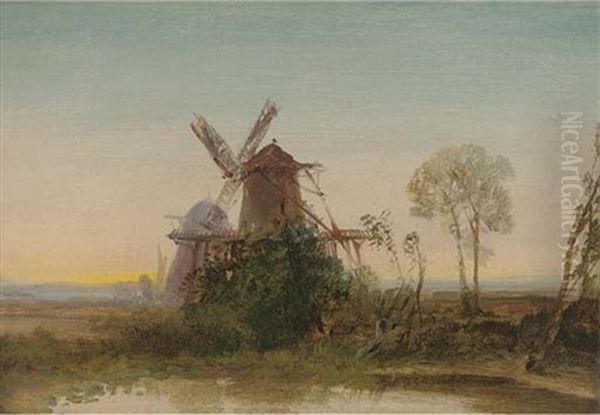 Windmills At Sunset Oil Painting by Edmund John Niemann