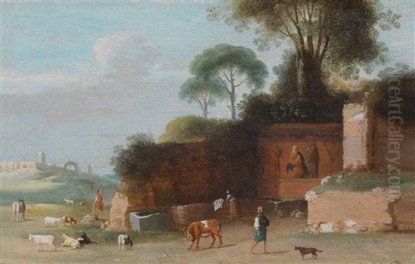 Sudliche Landschaft Mit Ruinen Und Hirtenstaffage Oil Painting by Willem van, the Younger Nieulandt
