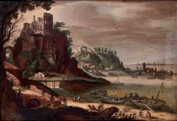 Paysage De Riviere Avec Le Temple De La Sybille De Tivoli Oil Painting by Willem van, the Younger Nieulandt