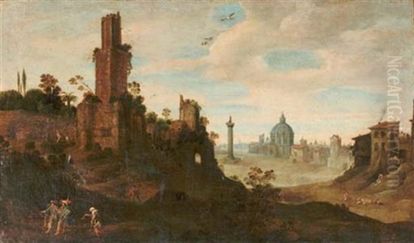 An Extensive Landscape With Elegant Figures Passing A Beggar On A Track Oil Painting by Willem van, the Younger Nieulandt