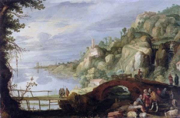 A Rocky River Landscape With Shepherds, Goatherds And Their Livestock Resting On A Path, A Mule Train Beyond Oil Painting by Willem van Nieulandt the Younger