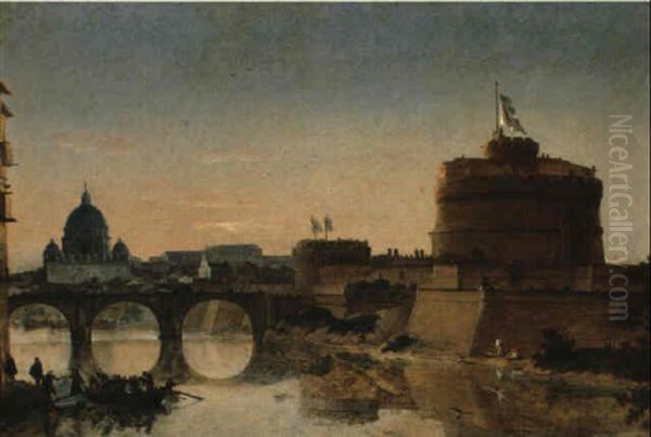 The Castel Sant'angelo And The Pont Sant'angelo With Vatican In Distance Oil Painting by Willem van Nieulandt the Younger