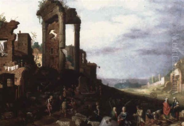 Villageois Parmi Des Ruines Antiques Oil Painting by Willem van, the Younger Nieulandt