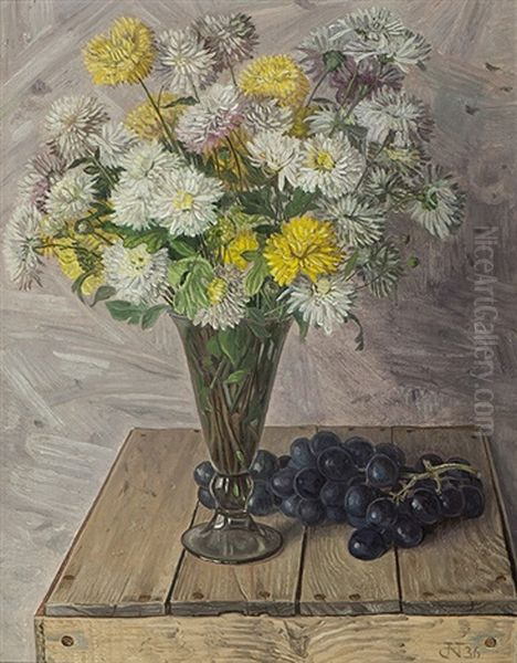 Still Life With Chrysanthemum In Glass Vase And Grapes On A Wooden Box Oil Painting by Jakob Nieweg