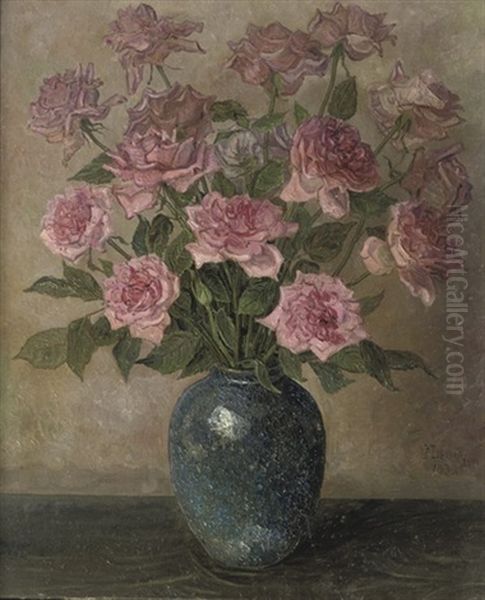 Pink Roses In Blue Vase Oil Painting by Jakob Nieweg