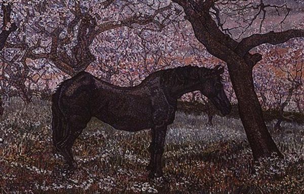 Horse In An Orchard Oil Painting by Jakob Nieweg