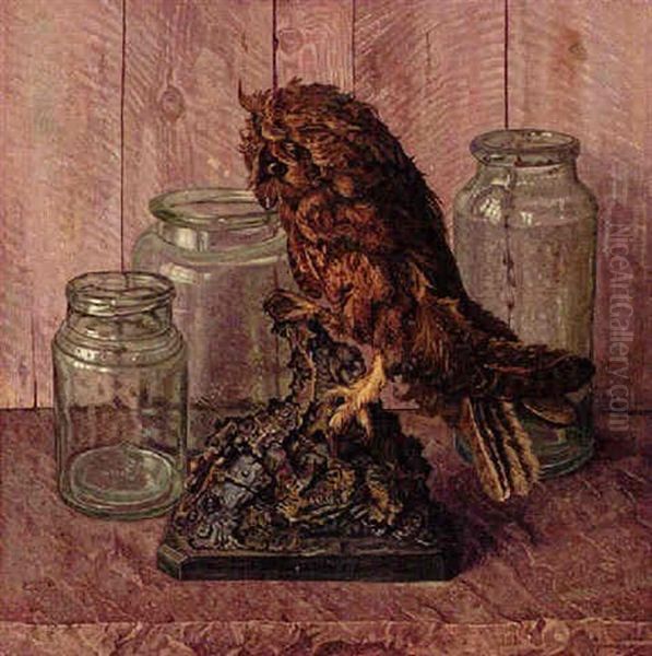 Stilleven Met Opgezette Uil En Glazen Potten Oil Painting by Jakob Nieweg