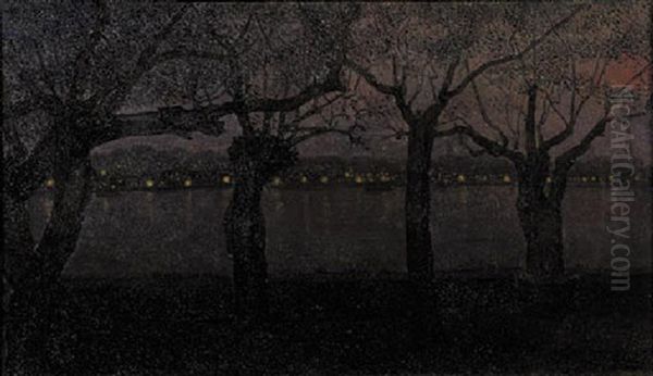 Willows Along A Lake, A City In The Distance Oil Painting by Jakob Nieweg