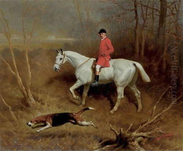 A Huntsman On A Grey Horse, Riding Through A Wood With A Hound On The Scent Oil Painting by Basil Nightingale