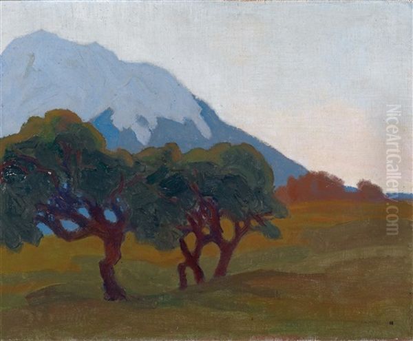 Landschaft Mit Baumen Im Hintergrund Ein Blauer Berg Oil Painting by Artur Nikodem