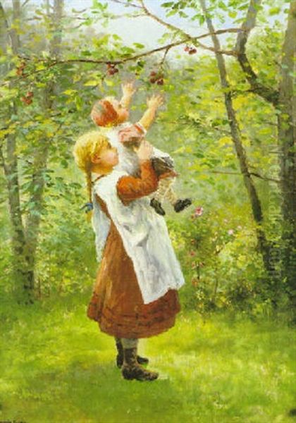 Korsbarsplockning Oil Painting by Johan Severin Nilsson