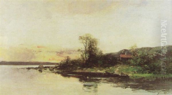 Hus I Skargarden, I Forgrunden Man I Eka Oil Painting by Johan Severin Nilsson
