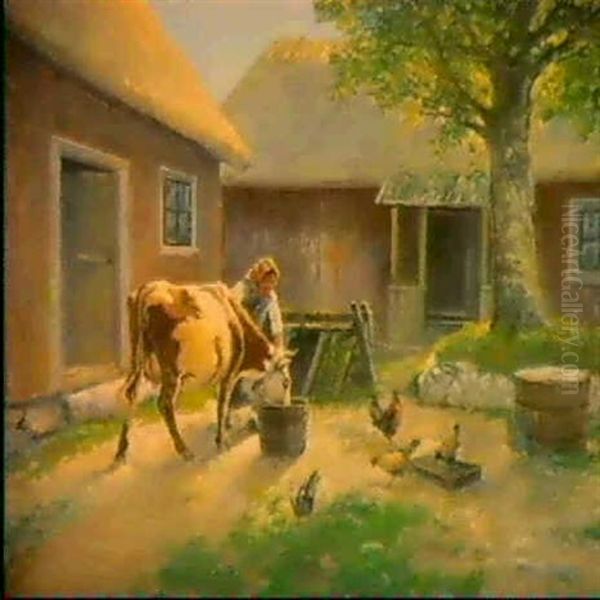 Gardsinterior Med Piga, Ko Och Hons Oil Painting by Johan Severin Nilsson