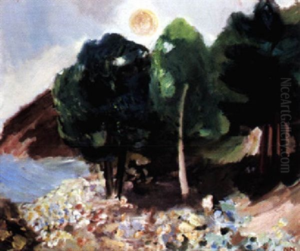 Strandbild Med Trad Oil Painting by Nils Nilsson