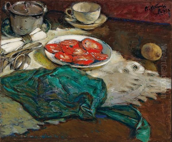 Tomates Coupees Et Tablier Vert Oil Painting by Petr Nilus