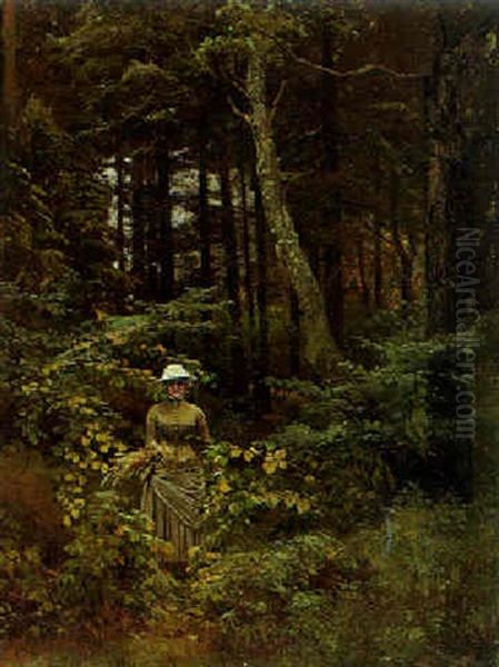 Ung Pige Der Plukker Blomster I Skoven Oil Painting by Thorvald Simeon Niss