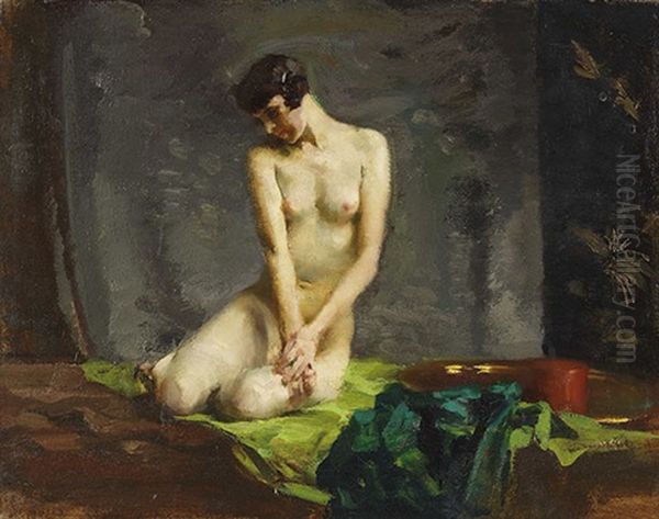Kauernde (akt Auf Grunem Tuch) Oil Painting by Rudolf Nissl