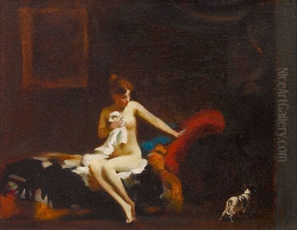 Weiblicher Akt Mit Hundchen Im Boudoir Oil Painting by Rudolf Nissl