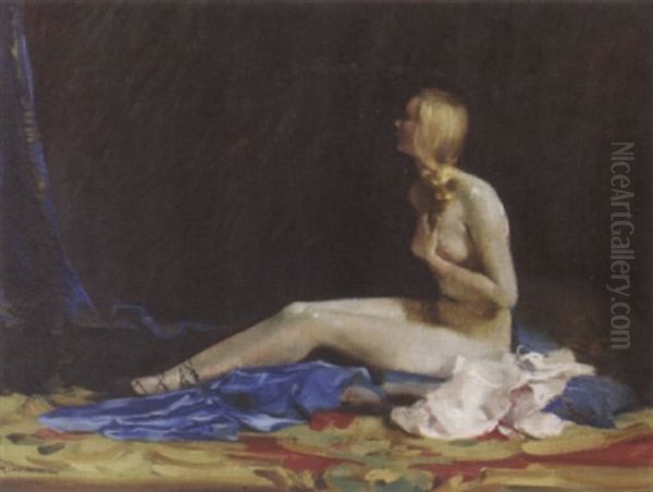 Sitzender Akt Auf Blauem Tuch Oil Painting by Rudolf Nissl