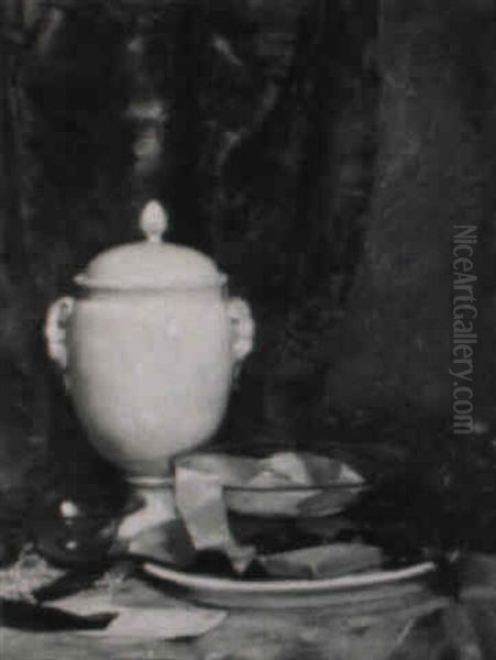 Stilleben Mit Porzellanvase Und Glasschalen Vor Einem Vorhang Oil Painting by Rudolf Nissl
