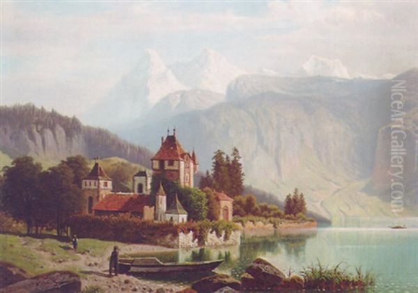 A Castle In A Mountainous Alpine Landscape Oil Painting by Theodor (Wilhelm T.) Nocken