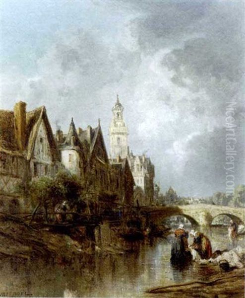 Women Washing Along The Banks Of A River With A Town Beyond Oil Painting by Jules Achille Noel