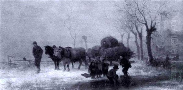 Cattle Drawn Cart With Snowy Creek And Village Oil Painting by Julius Noerr