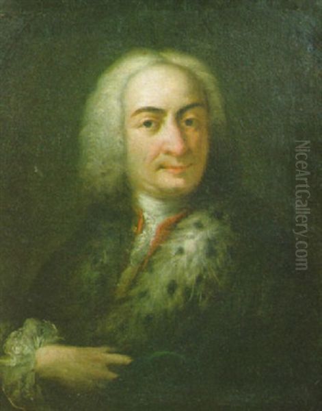 Ritratto Di Gentiluomo In Abito Scuro, Giubba Rossa E Sciarpa Di Ermelino Oil Painting by Giuseppe Nogari