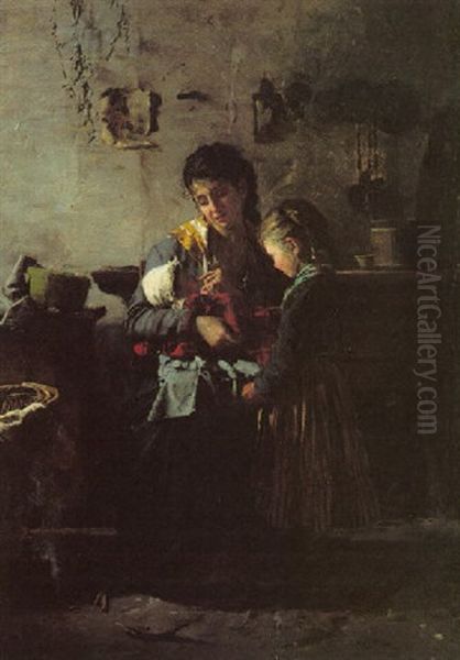Mother With Her Baby And Child In An Interior Oil Painting by Luigi Nono