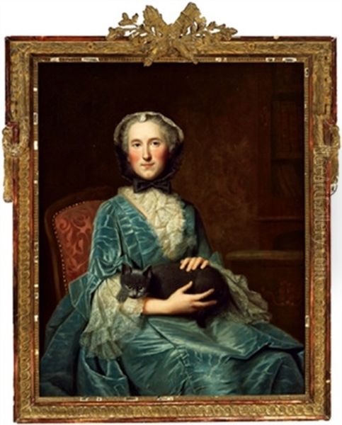 Bildnis Einer Dame In Blauem Taftkleid Mit Einer Katze Im Schos Oil Painting by Donat Nonotte
