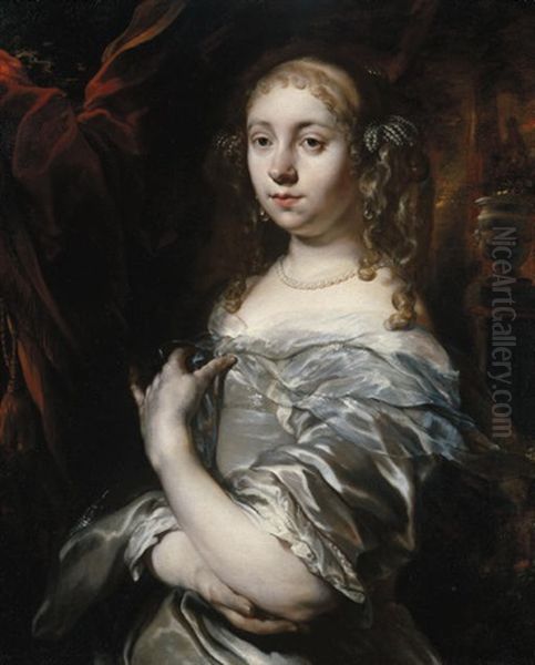 Portrait Of A Lady Wearing Pearls And A Grey Satin Gown With A Blue Shawl Oil Painting by Jan van Noordt