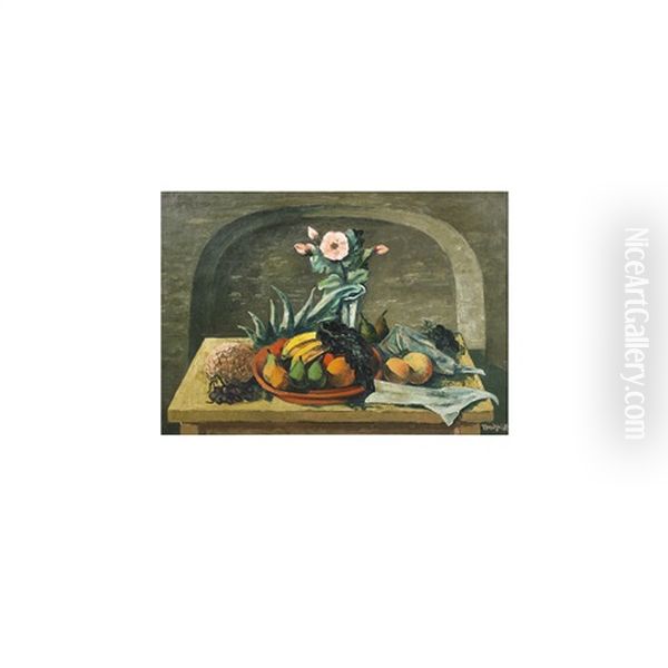 Fruits And Pink Flower Oil Painting by Bror Julius Olsson Nordfeldt