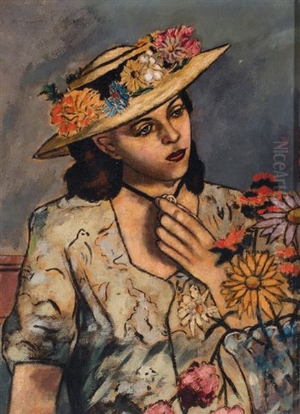 Girl In A Flower Bonnet Oil Painting by Bror Julius Olsson Nordfeldt