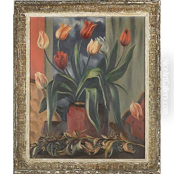 Tulips In Red Jar Oil Painting by Bror Julius Olsson Nordfeldt