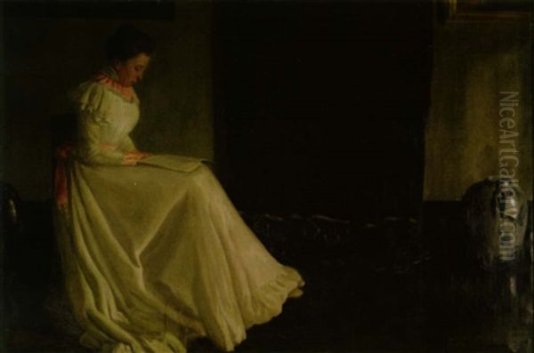 A Lady In A White Dress Reading A Book In An Interior Oil Painting by Bror Julius Olsson Nordfeldt