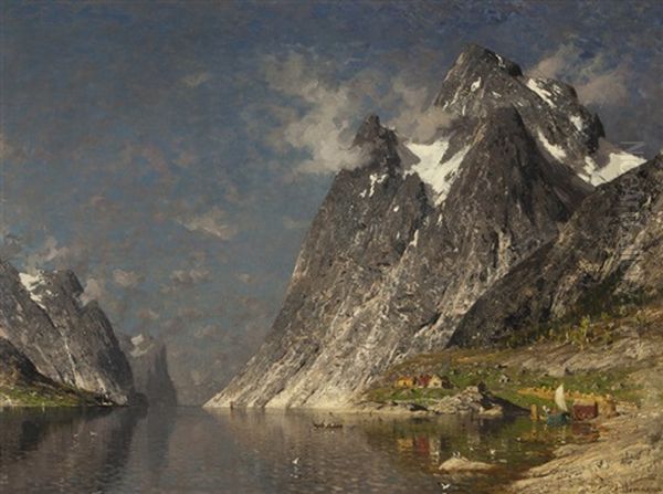 Norwegian Fjord Scene Oil Painting by Adelsteen Normann