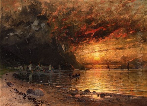 Fjord Landscape With Midnight Sun Oil Painting by Adelsteen Normann