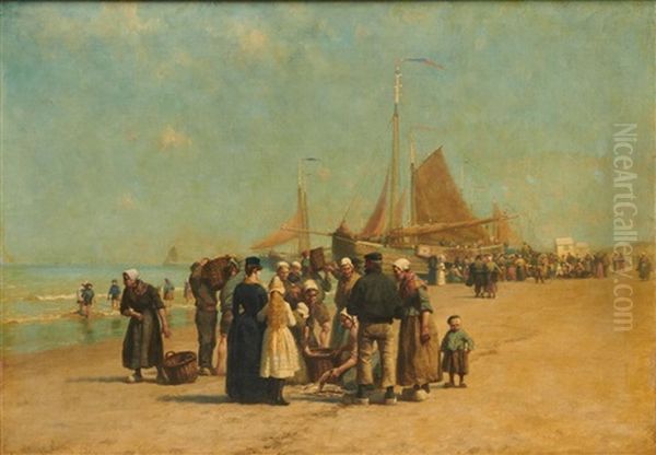 Fish Sale On The Beach, Schevinger Oil Painting by William Edward Norton