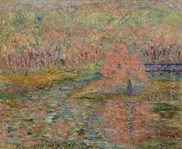 A Spring Landscape (recto); A Harbor Scene (verso) Oil Painting by George L. Noyes