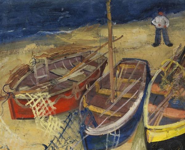 Fischerboote Am Strand (+ Farbstiftskizze, Verso) Oil Painting by Felix Nussbaum