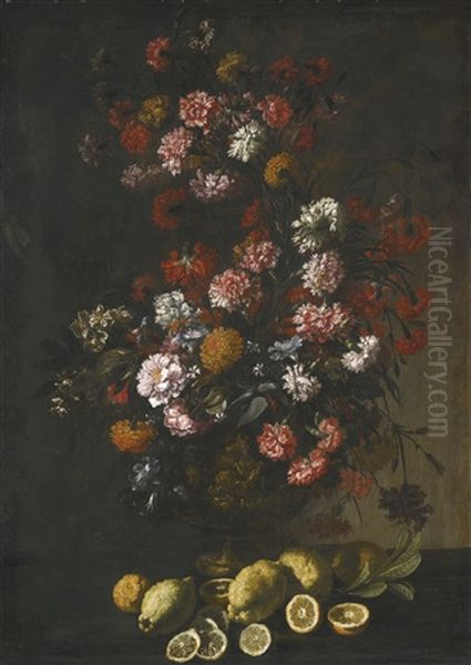 Still Life Of Flowers In A Bronze Urn, Lemons On The Ledge Beneath Oil Painting by Mario Nuzzi Mario Dei Fiori