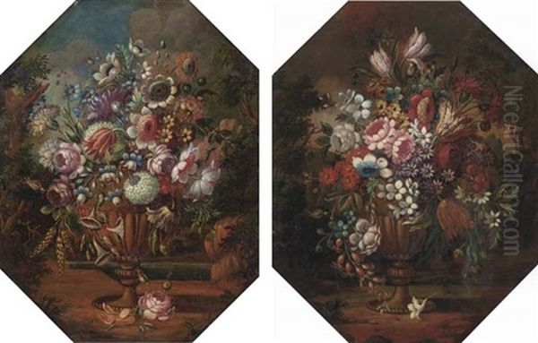Parrot Tulips, Roses, Hydrangeas, Carnations And Other Flowers In An Urn In A Clearing (+ Roses, Carnations, Parrot Tulips And Other Flowers In An Urn In A Clearing; Pair) Oil Painting by Mario Nuzzi